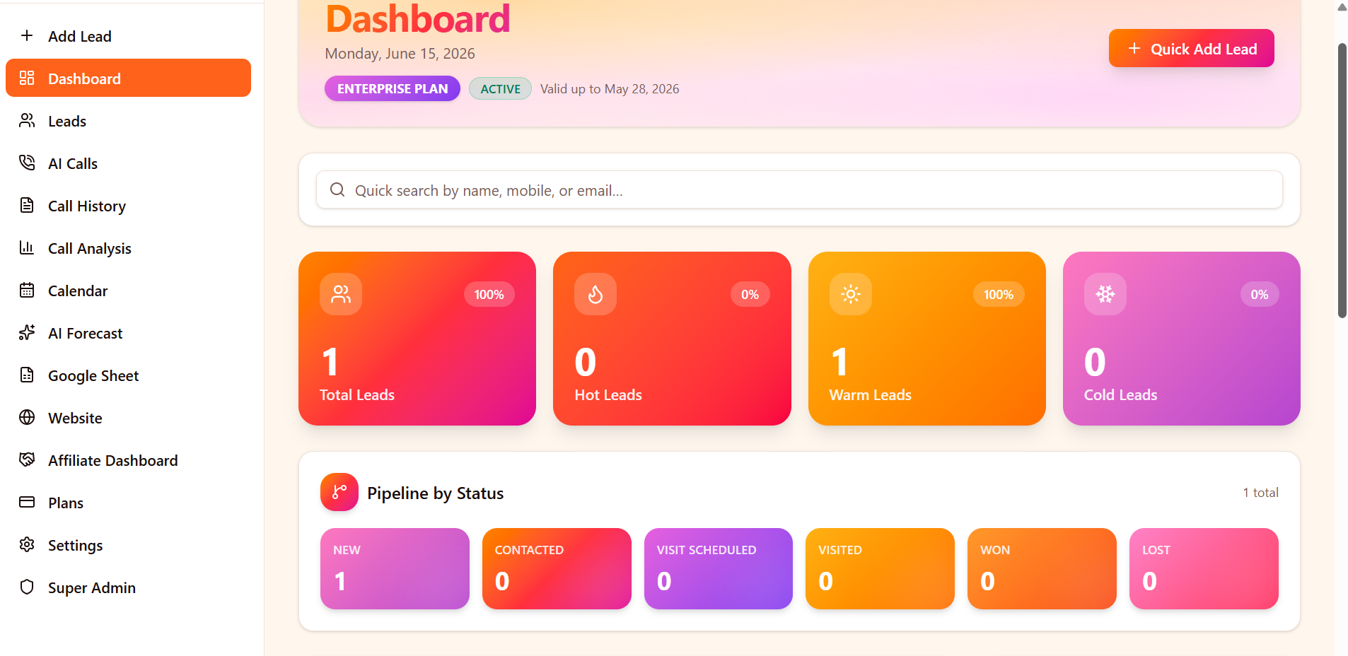 PropPilot dashboard preview showing total, hot, warm and cold leads with pipeline status